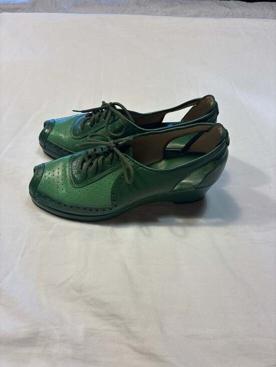 Re-Mix Vintage Shoes Spectator Green Leather Peep Toe Wedge Oxfords - Picture 4 of 11